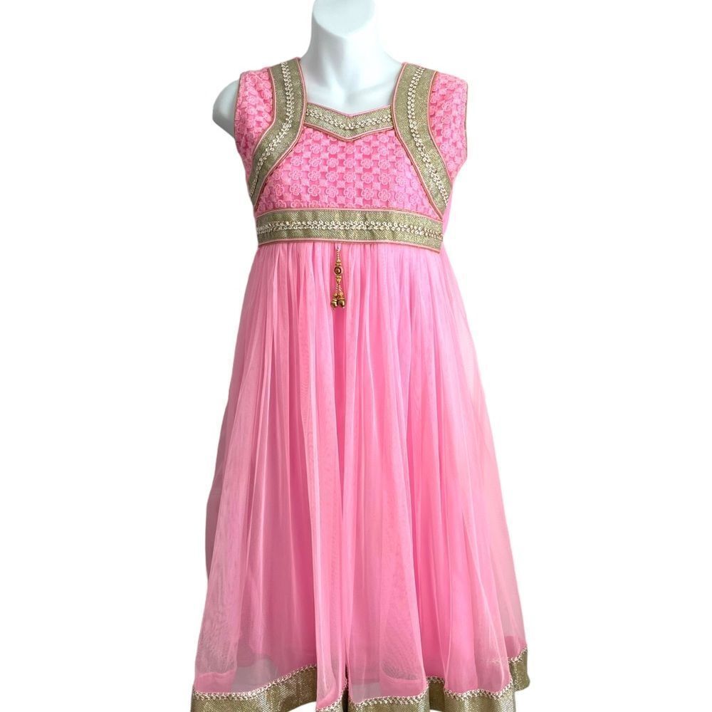 Floral Embroidered Chiffon Dress Gold Cutout Back Pink